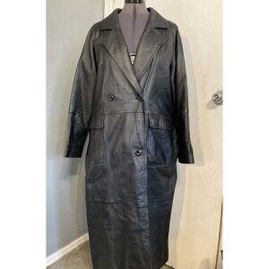 Via Accenti Genuine Leather Long Coat Jacket Black Full Length Trench Matrix  A6